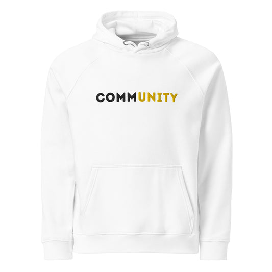White hoodie with 'COMMUNITY' printed on it against a white background